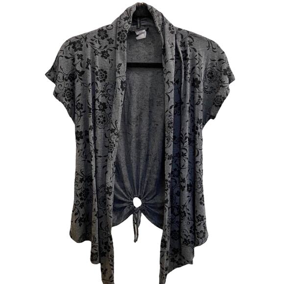 Vintage Brittany Black Gray Floral Open Front Waterfall Shrug Sweater Wrap 90s - Picture 1 of 6